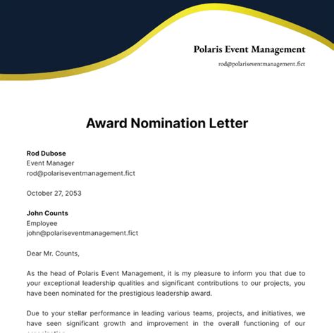 Award Nomination Letter Template Edit Online And Download Example