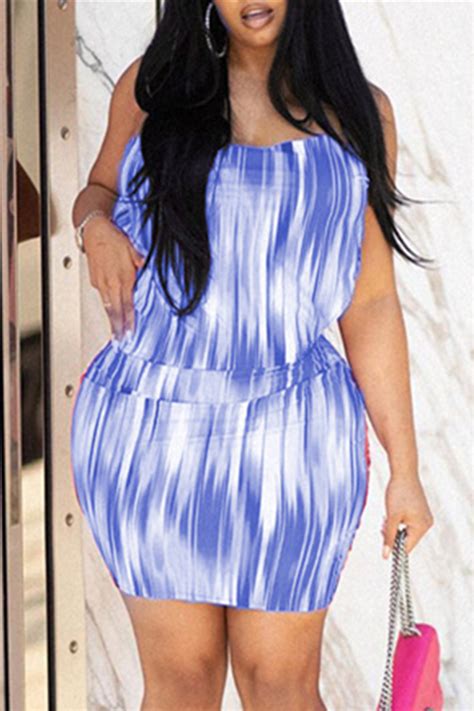 Wholesale Blue Fashion Sexy Plus Size Print Bandage Backless Halter Sleeveless Dress Ws27134 2