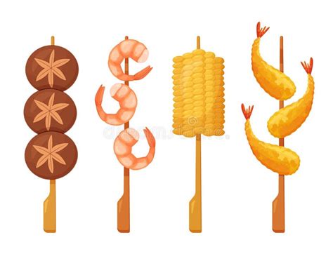 Yakitori Skewers Japanese Street Food Corn Shrimp Tempura Vector