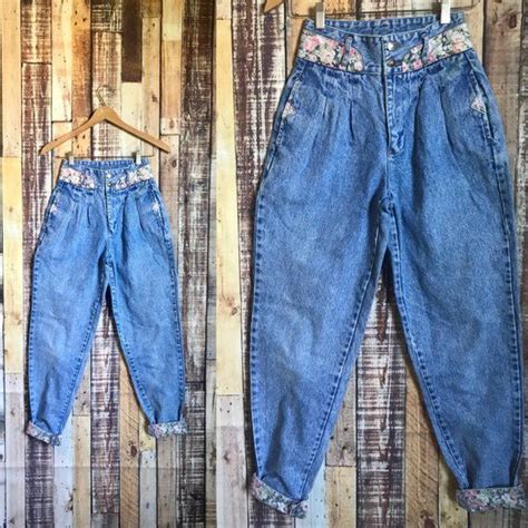 80 S Vintage High Waist Jeans 80 S Stonewashed Denim Jeans With Cuffed Floral Bottoms Vintage