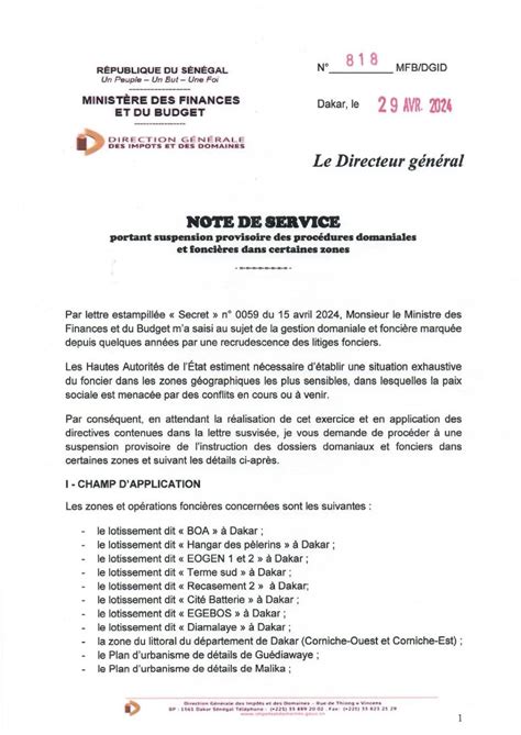 Note De Service Portant Suspension Provisoire Des Proc Dures Domaniales