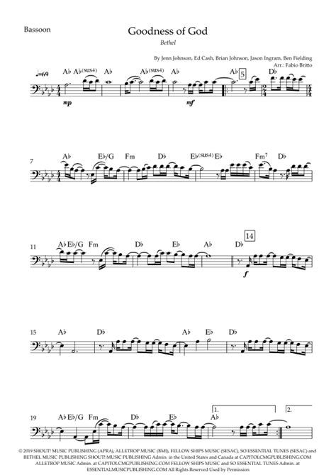 Goodness Of God Arr Fabio Britto By Bethel Music And Jenn Johnson Sheet Music For Bassoon