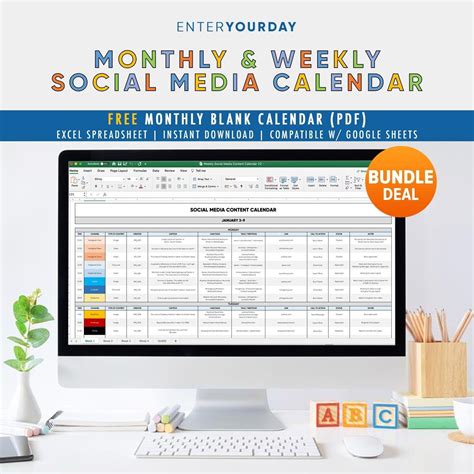 Monthly Weekly Social Media Content Calendar Small Business Spreadsheet Bundle Marketing Planner