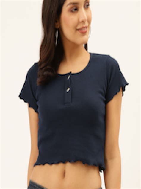 Buy Trend Arrest Women Navy Blue Solid Cropped Top Tops For Women 12876792 Myntra