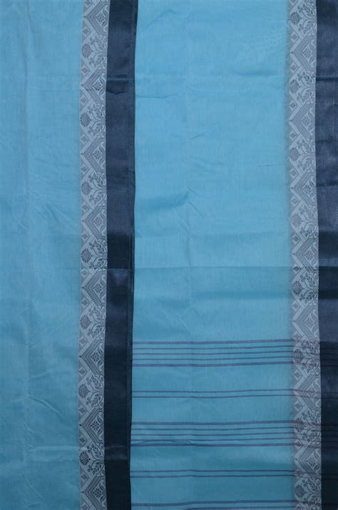 Tvis And Bliss Plain Style Sky Blue Bengal Cotton Saree With Prussian