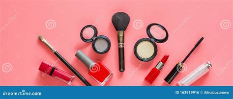 Make Up Items On Pink Color Background Horizontal Web Banner Set Of Luxury Decorative