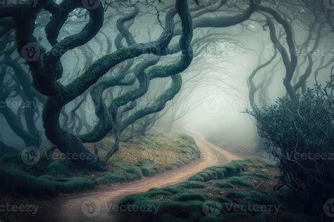 Misty And Mysterious Forest With Ancient Trees Shrouded In Fog And A