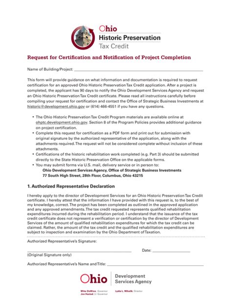 Ohio Request For Certification And Notification Of Project Completion