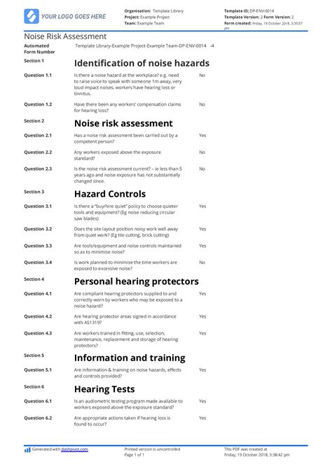 Free Noise Risk Assessment Template Better Than Word Doc And PDF