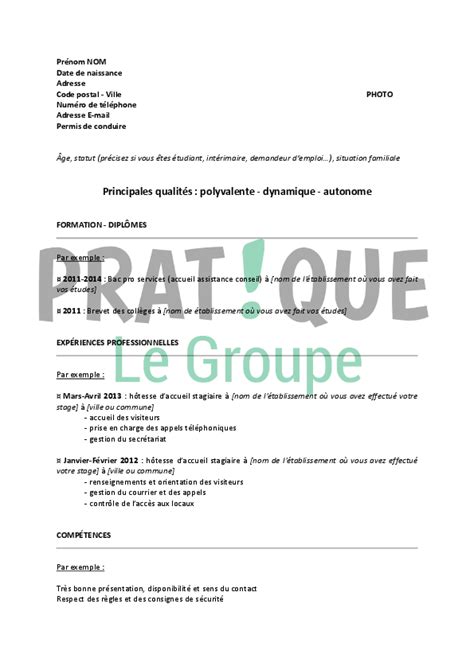 Mod Le De Cv Pour Un Emploi Dh Tesse Daccueil Pratique Fr