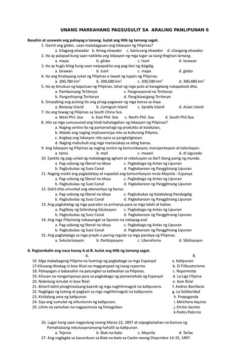 Periodic Test In Ap And Mapeh With Tos And Key To Correction First