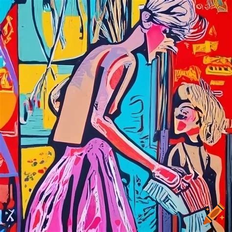 Vibrant Linocut Art Of Fairground Girls In A Colorful Street On Craiyon