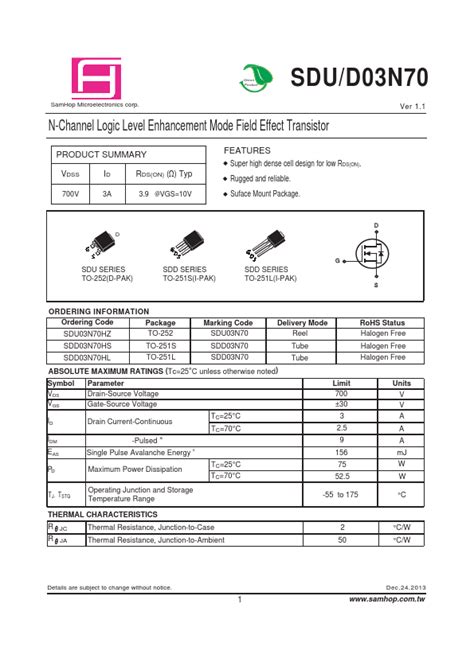 SDD03N70 SamHop Microelectronics MOSFET Hoja de datos Ficha técnica