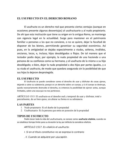 El Usufructo En El Derecho Romano El Usufructo En El Derecho Romano