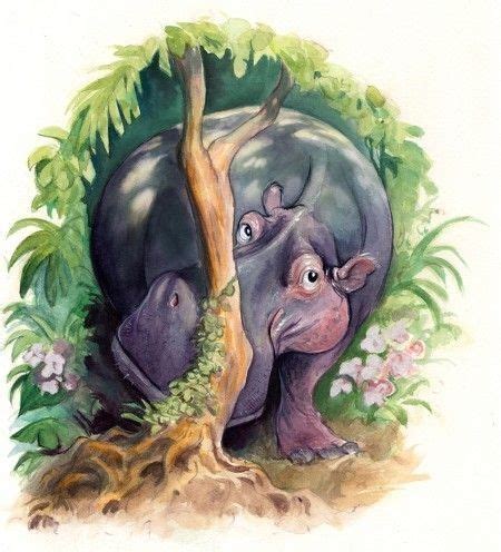 Moest color-ink hippo hiding behind tree stem tattoo design ...