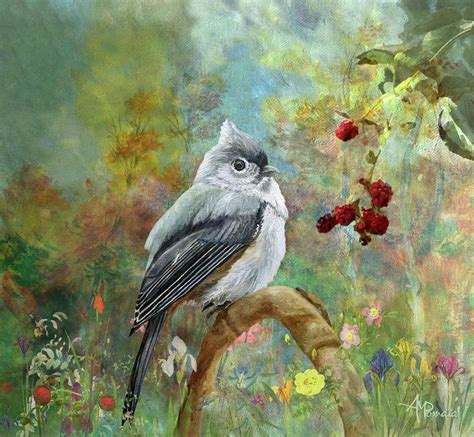 A Painting Of A Bird Sitting On A Branch With Flowers And Berries In