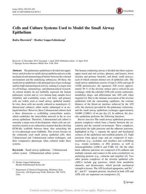 Cells and Culture Systems Used to Model the Small Airway Epithelium ...