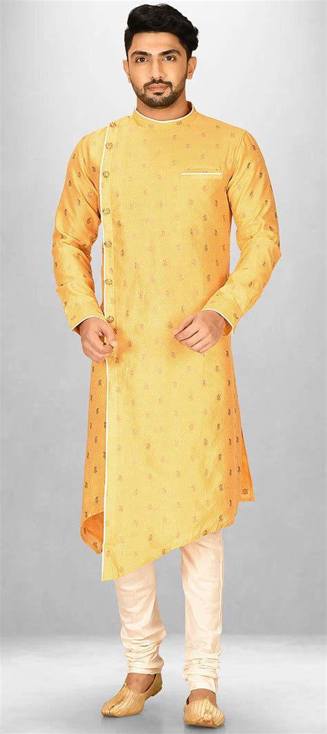 Party Wear Yellow Color Dupion Silk Fabric Kurta Pyjamas 1889370