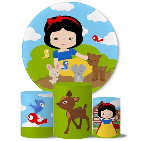 Painel Branca De Neve Cute - Trio Capas Cilindros + Painel Tema Branca de Neve Cute Veste Fácil ...