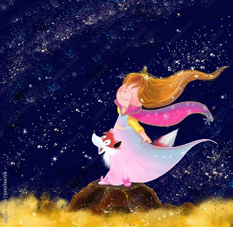 Princesa Y Zorro En La Cima Cielo Estrellado Dibujo En Caricatura