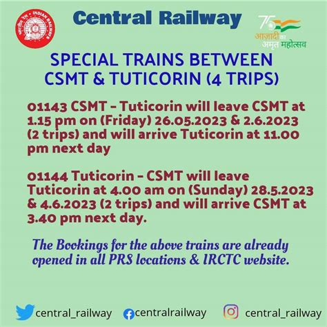 Central Railway On Twitter Special Trains Between Csmt And Tuticorin