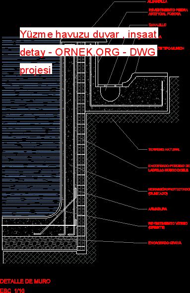 Yüzme havuzu duvar inşaat detay dwg projesi Autocad Projeler