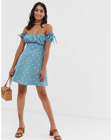 Asos Off Shoulder Mini Sundress With Ruched Bust In Spot Print In Blue