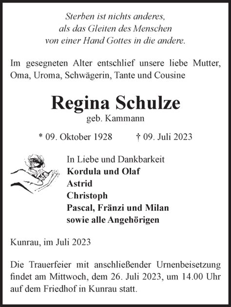 Traueranzeigen Von Regina Schulze Abschied Nehmen De