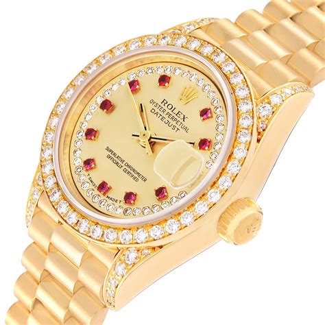 Rolex President Yellow Gold String Diamond Ruby Dial Ladies Watch 69158 For Sale At 1stdibs