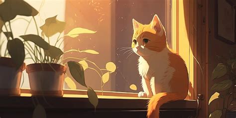 Premium Photo Orange Anime Cat Standing At The Window In Sun Light