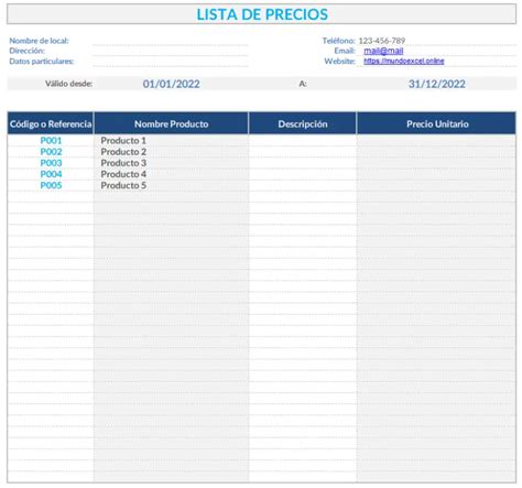 Plantilla Excel Lista De Precios Gratis