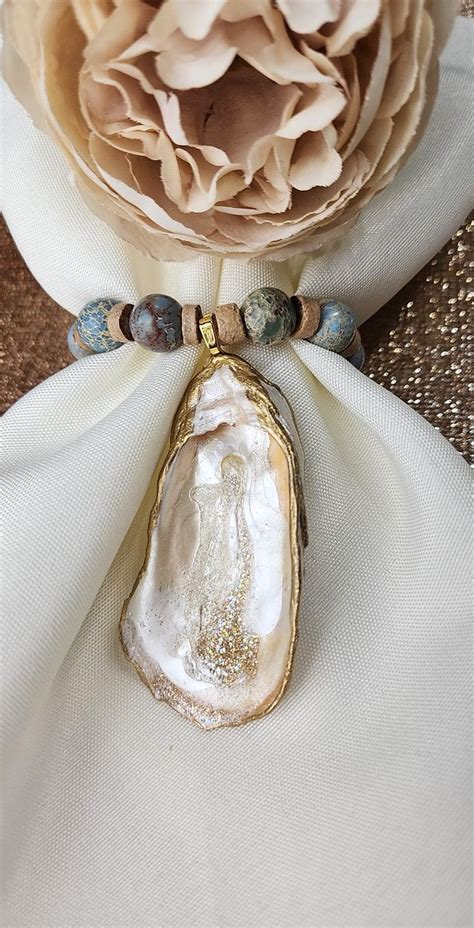 Oyster Shell Napkin Blue Jasper Stone Bead Rings Pearl Champagne Gol