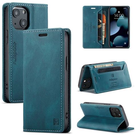 AutSpace iPhone 13 Mini Slim Folio Flip Leather Wallet Case with RFID Blocking Cards Slots Blue