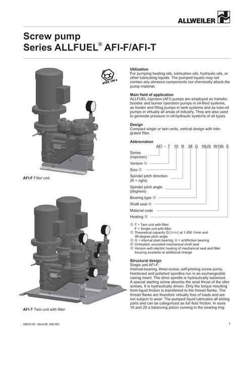 Allweiler Make Screw Pump Series ALLFUEL Injection AFI Pumps Insert