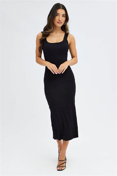 Black Knit Midi Dress Sleeveless Scoop Neck Bodycon Rib Ally Fashion