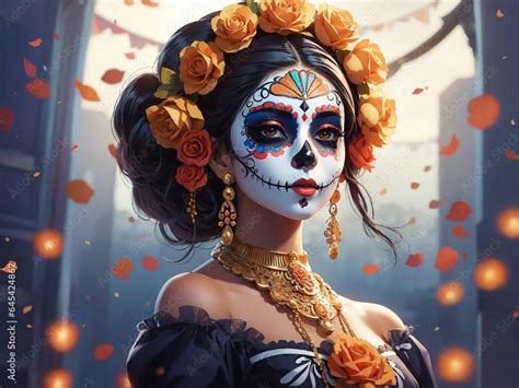 Mexican woman with sugar skull makeup and flowers celebration Día de ...