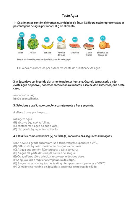 Teste Ciencias Ano Agua Teste Gua Os Alimentos Cont M