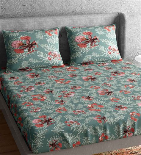 Buy Blue Floral 300 Tc 100 Cotton Queen Sized Bed Sheets With 2 Pillow