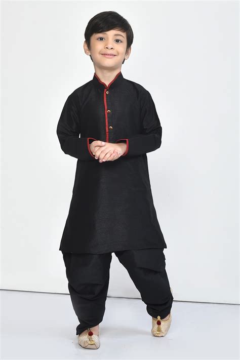 Buy Black Kurta Dupion Silk Plain Straight Band Collar And Dhoti Pant