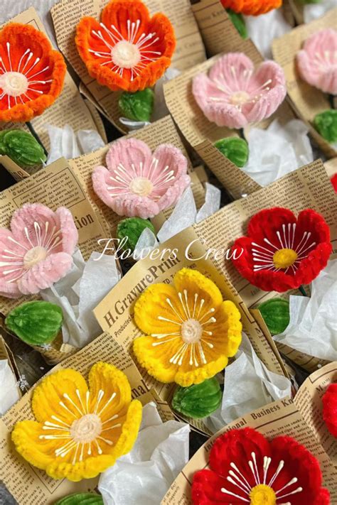 Handmade Poppies In Red Pink And Yellow With Pipe Cleaners Flower