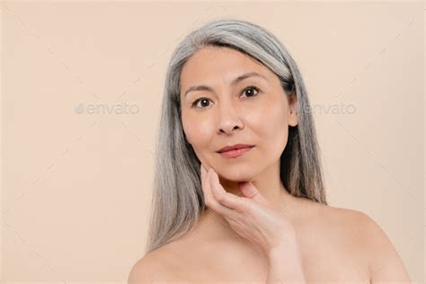 Grey Haired Mature Middle Aged Naked Shirtless Woman With Clean Pure