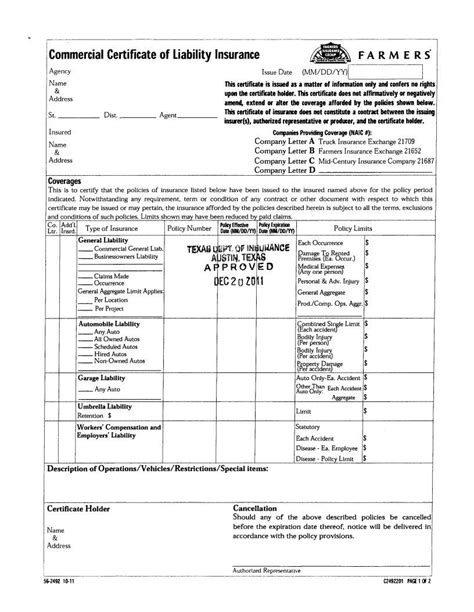 Commercial Liability Insurance Certificate Pdf Form Formspal