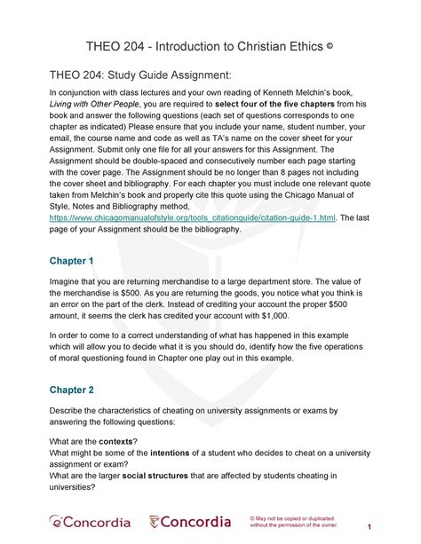 THEO 204 Study Guide Assignment 1 May Not Be Copied Or Duplicated