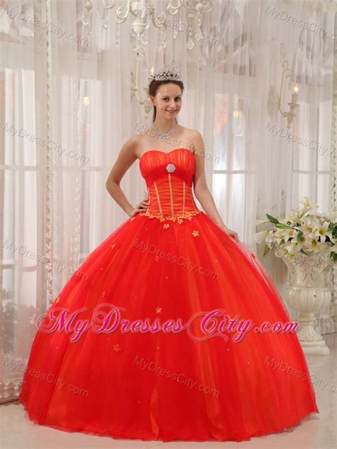 Sweetheart Petals Tulle Red Cheap Quinceanera Gowns On Sale