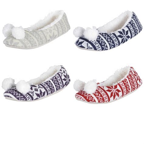 Womens Snoozie Slippers Fair Isle Knitted Ladies Ballet Ballerina