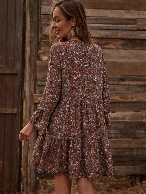 SHEIN LUNE Ditsy Floral Flounce Sleeve Smock Dress SHEIN UK