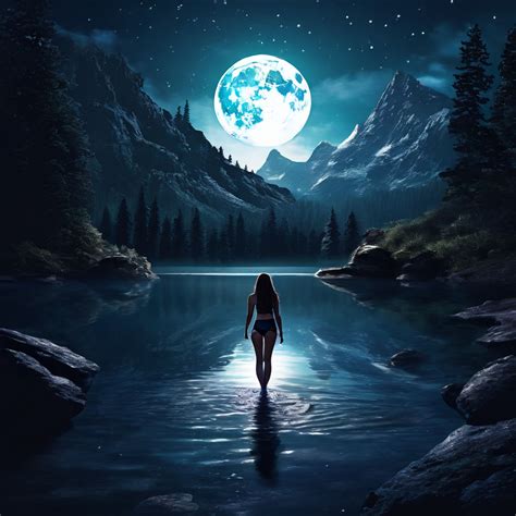 A Girl In A Bikini Is Entering A Mountain Lake Moonlight F By Anes