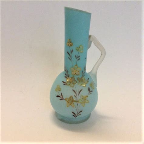 Vintage Blue Frosted Glass Vase Hand Painted With Clear Frosted Handle