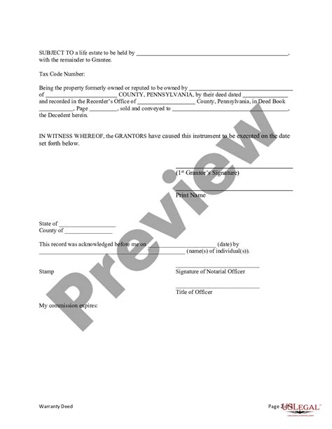 Pennsylvania Warranty Deed From Individual To Individual With Life Estate To Third Party Deed