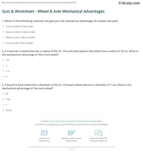 Quiz & Worksheet - Wheel & Axle Mechanical Advantages | Study.com